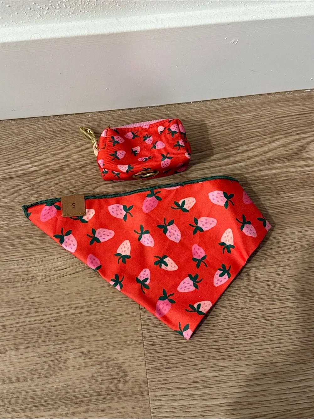 Foggy dog Strawberry Print Red Bandana and bag Pouch Set